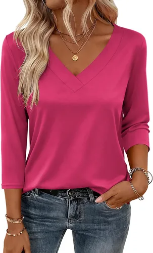 Miniatura 11 de Zeagoo Camisetas de manga 3/4 para mujer, cuello en V, blusa casual elegante, camisetas básicas 2026, ropa de moda S-2XL