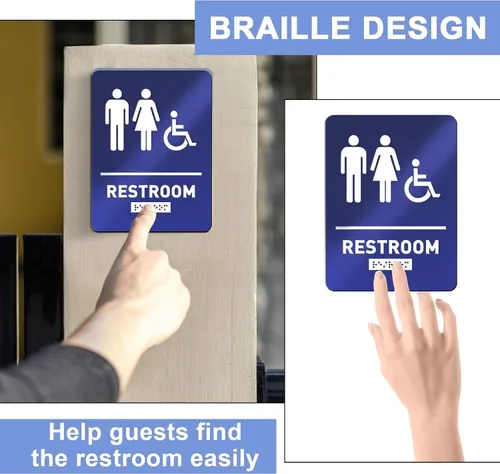 Miniatura 5 de Oudain Letrero de baño compatible con Ada con Braille, unisex, para discapacitados, para restaurante de negocios, 1 unidad, (azul)