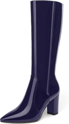 Miniatura 71 de AMBELIGHT Botas altas hasta la rodilla con cremallera y puntera puntiaguda para mujer, de patente sólida, tacón alto, 3.3 pulgadas