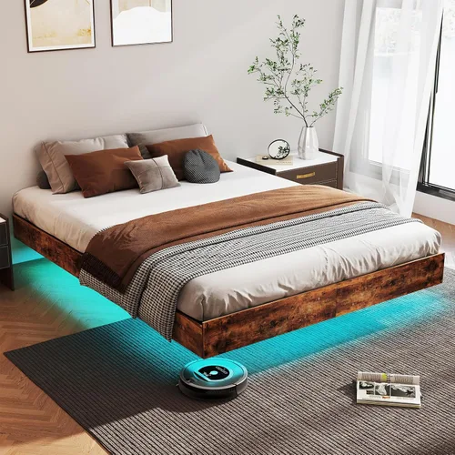 Base de cama flotante King con luces LED, plataforma de metal tamaño King con almacenamiento debajo de la cama, soporte de listones de acero