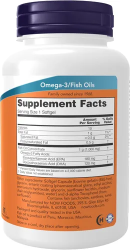 Miniatura 2 de NOW Suplementos, Omega-3 180 EPA / 120 DHA, revestimiento entérico, apoyo cardiovascular*, 90 cápsulas blandas