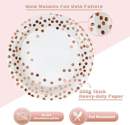 Miniatura 4 de Platos y Servilletas de Papel Blanco y Oro Rosa - Paquete de 50 - 25 Platos de Papel de 7 pulgadas y 25 Servilletas de 6.5 pulgadas, Suministros