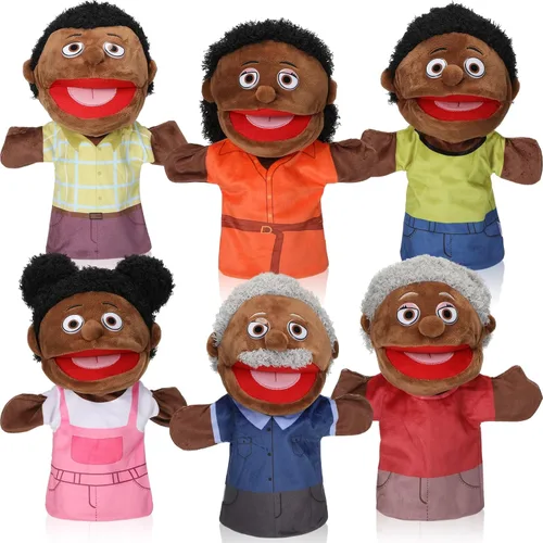 Miniatura 9 de Lenwen 6 piezas de marionetas de miembros de la familia de felpa suave para narración, juego, enseñanza, regalos para Navidad (piel clara)