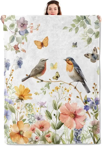 Miniatura 14 de Manta ligera de pájaros y mariposas, regalos para amantes de la naturaleza, manta de franela con rosa colorida y hortensias impresas para sofá