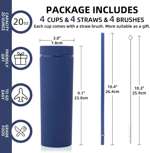 Miniatura 3 de Volhoply Vasos delgados de plástico de 20 onzas a granel, paquete de 10 unidades, vaso de doble pared con tapa y pajilla, tazas de café helado Azul