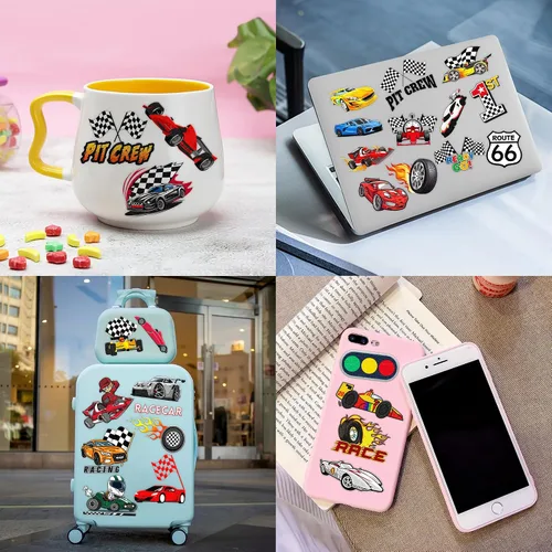 Miniatura 6 de 96 piezas de calcomanías temporales precortadas de autos de carreras, bandera a cuadros, decoración de fiesta de cumpleaños, regalos para niños