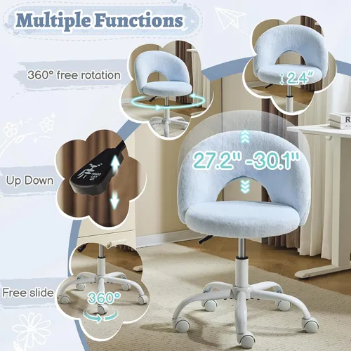 Miniatura 4 de VINGLI Silla de tocador pequeña con ruedas de piel sintética para niñas, bonita silla de escritorio de oficina sin brazos de altura ajustable