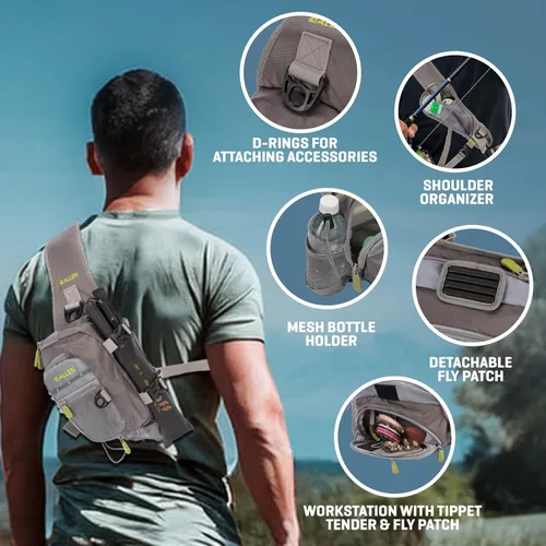 Miniatura 3 de Allen Company Cedar Creek Fly Fishing Sling Pack - Fits up to 4 Tackle/Fly Boxes and Other Accessories - Gray/Lime and Olive Green