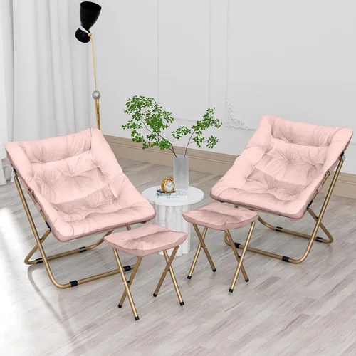 Cómoda silla platillo para adultos, juego de 2 sillas plegables de piel sintética suave con reposapiés, marco de metal, acogedora silla plegable de