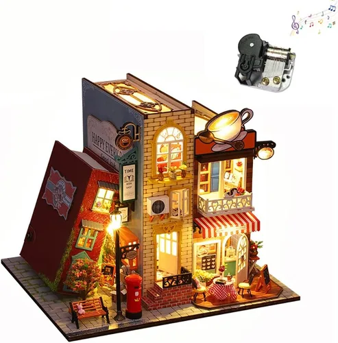 Miniatura 8 de Soporte de madera 3D para libros, rompecabezas de casa de muñecas, sujetalibros de madera, kit de construcción de rincones con luz LED