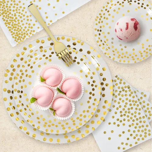 Miniatura 7 de Platos y Servilletas de Papel Blanco y Dorado - Paquete de 50 - 25 Platos de Papel de 7 pulgadas y 25 Servilletas de 6.5 pulgadas, Suministros