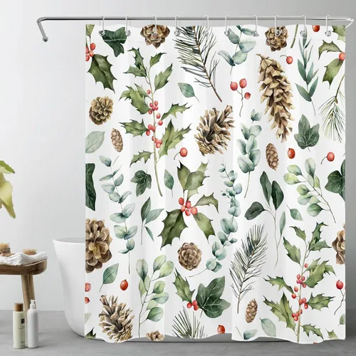 EOBTAIN Cortina de ducha rústica con hojas de plantas para baño, cortina de ducha de acuarela verde con hojas de eucalipto y piña sobre blanco con