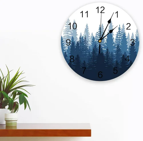 Miniatura 2 de Reloj de pared con árbol del bosque, funciona con pilas, reloj de pared silencioso de PVC sin tictac de 10 pulgadas, paisaje forestal brumoso, reloj