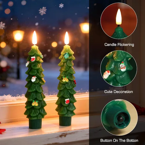 Miniatura 2 de 3 Piezas Velas de Árbol de Navidad Sin Llama con Control Remoto y Temporizador, Funcionan con Baterías con Llama Parpadeante 3D, Velas Cónicas de 7