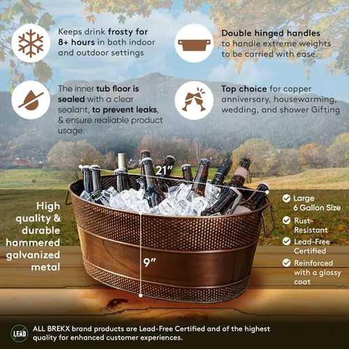 Miniatura 9 de BREKX Aspen Tina Galvanizada, Enfriador de Hielo y Bebidas de Metal con Acabado de Cobre para Fiestas, Enfriador de Fiestas Sellado Resistente a