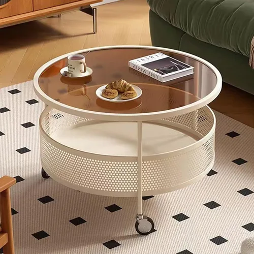 Miniatura 10 de Mesa de centro de cristal con ruedas giratorias, mesa de té redonda de 2 niveles con cesta de almacenamiento hueca de hierro, moderna mesa central