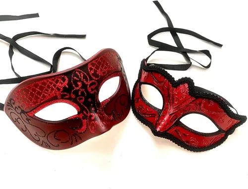 Miniatura 5 de MasqStudio Par de máscaras rojas para baile de máscaras, cosplay, baile de graduación, fiesta de cumpleaños o decoración Par rojo para 2 máscaras