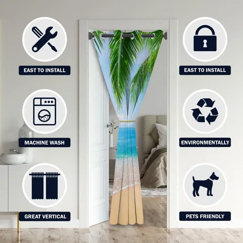 Miniatura 3 de Cortinas opacas para puerta de playa oceánica para puertas, cortinas opacas hawaianas de verano con palmeras para armario de dormitorio de niños