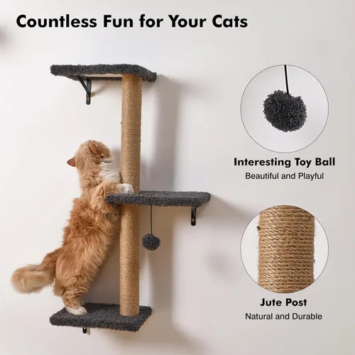 Miniatura 6 de Estantes de pared 5 en 1 para gatos de interior, muebles de gato montados en la pared con cama, cueva, poste rascador y perca, pared de escalada
