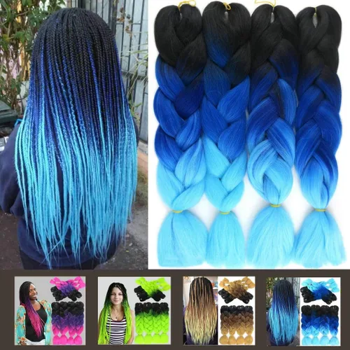 Miniatura 6 de Ombre Kanekalon - Extensiones de cabello trenzado de 24 pulgadas, 3.53 onzas/pieza, extensiones de cabello sintético (negro-azul-azul claro), 3