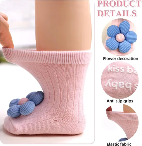 Miniatura 6 de Paquete de 4 calcetines antideslizantes de flores con empuñaduras para bebés recién nacidos, niñas y niños pequeños