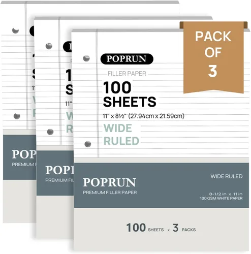 POPRUN Paquete de 3 hojas sueltas de papel rayado ancho, 3 agujeros perforados para carpeta, 100 hojas de papel de relleno de 8.5 x 11 pulgadas,
