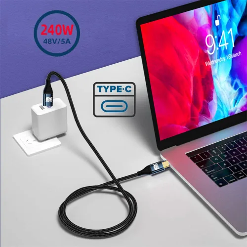 Miniatura 5 de Cable USB-C de 240 W tipo C 480 Mbps 48 V 5 A de perfil bajo en ángulo de 90 grados compatible con USB 2.0 100 W de carga para portátil, tableta