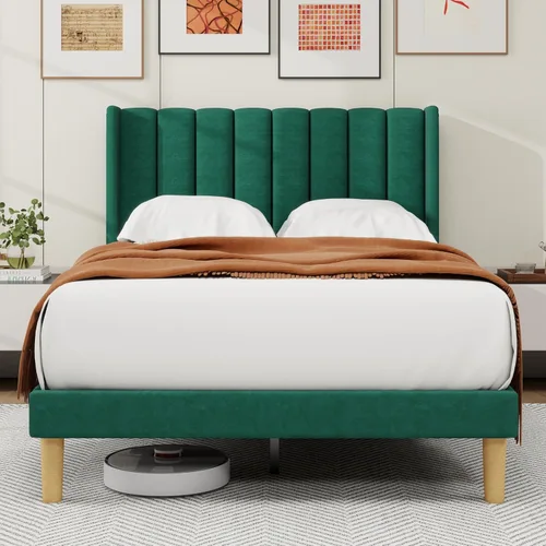 Miniatura 25 de alazyhome - Marco de cama tapizado de plataforma tamaño Queen con cabecera, soporte de listones de madera, sin ruido, fácil montaje, terciopelo beige
