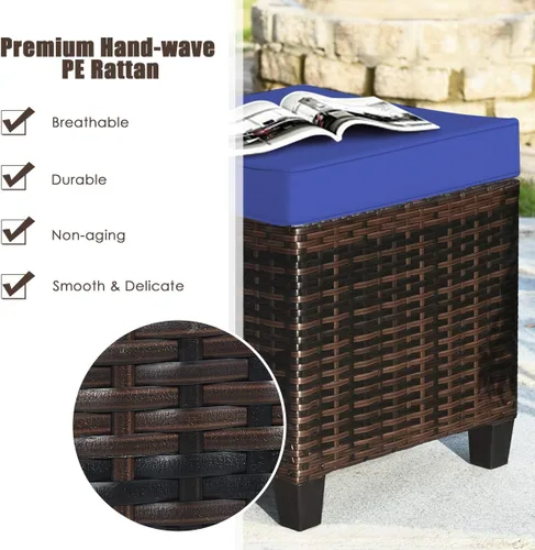 Miniatura 6 de HAPPYGRILL Juego de 2 otomanas de mimbre de ratán para exteriores, con cojines extraíbles, muebles de patio, reposapiés, asiento para reposapiés