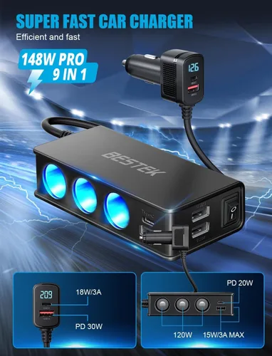 Miniatura 3 de BESTEK Divisor de encendedor de cigarrillos 9 en 1, 148 W, 3 enchufes, PD30W y 4 USB-A QC3.0 18W con pantalla LED, adaptador de encendedor de Negro-1