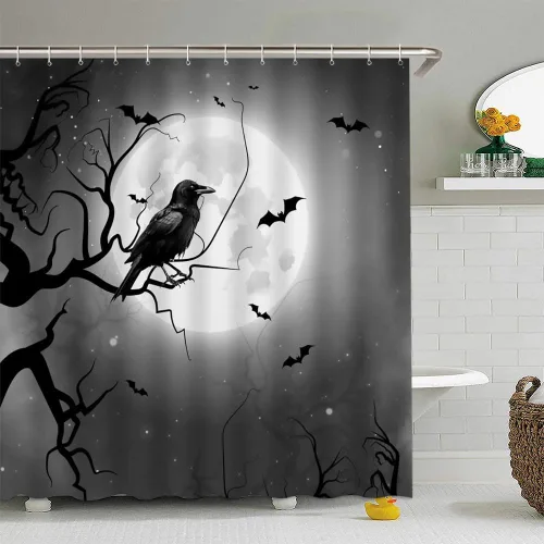 Miniatura 2 de Cortina de ducha de cuervo de Halloween, diseño gótico de cuervo, murciélagos, luna llena, árbol muerto, horror, día de los muertos, espeluznante