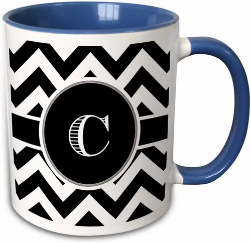 Miniatura 10 de 3dRose Taza verde bicolor con monograma de cheurón en blanco y negro con inicial C de 11 oz