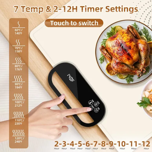 Miniatura 2 de Tapete de calentamiento de alimentos – Bandeja de calentamiento eléctrico de calentamiento rápido con 7 ajustes de temperatura, temporizador de 11