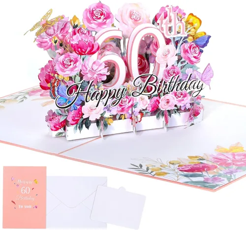 Tarjeta desplegable de 60 cumpleaños para ella, tarjeta de felicitación desplegable de feliz 60 cumpleaños para mujeres, hermosa tarjeta de