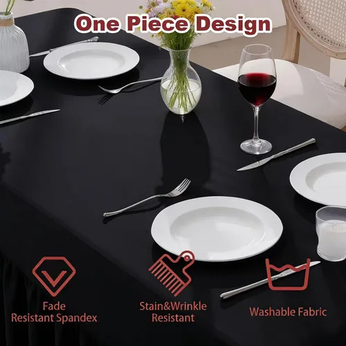 Miniatura 6 de Paquete de 3 manteles de elastano negro para mesas rectangulares de 6 pies, sin arrugas, manteles de poliéster elástico de 6 pies con falda