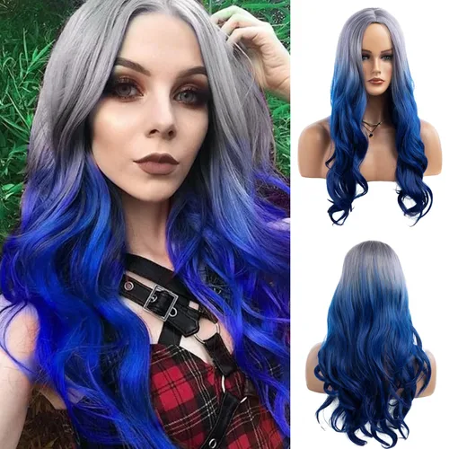 Miniatura 8 de Peluca larga y rizada ondulada gris plateado a morado con parte lateral de aspecto natural sintético Cosplay peluca para mujeres Astilla a Púrpura