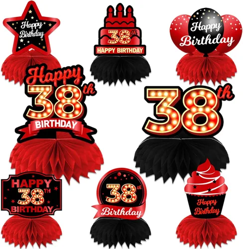 Miniatura 82 de Feliz Cumpleaños 15 Centros de Mesa de Panal Rojo y Negro Globos Decoración Temática de Mesa Decoraciones de Mesa Adornos de Mesa para Niñas Mujeres
