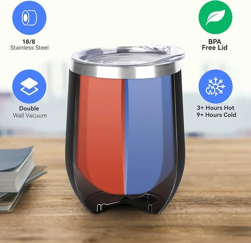 Miniatura 2 de DOMICARE - Juego de 16 vasos de vino de 12 onzas con tapa, hechos de acero inoxidable con aislamiento al vacío de doble pared, color negro