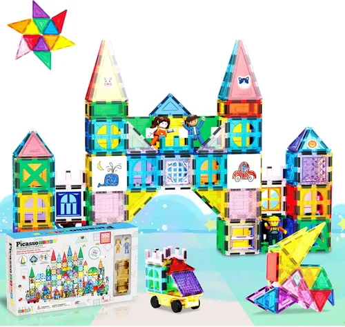 Miniatura 11 de PicassoTiles - Juego de 100 piezas de bloques de construcción magnéticos con estuche de transporte, base de auto magnética, 8 personajes magnéticos