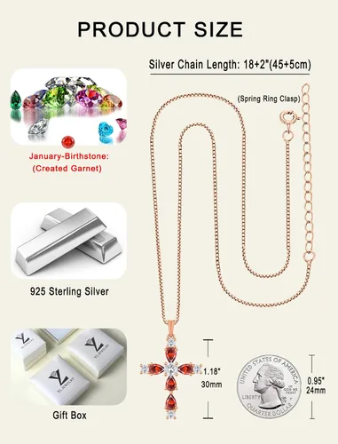 Miniatura 101 de YL Collar de cruz de plata de ley 925 con colgante de piedra natal religiosa para mujer