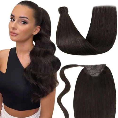 LaaVoo Extensión de cola de caballo de cabello humano marrón para mujer, extensiones de cola de caballo marrón oscuro, extensiones de cabello humano