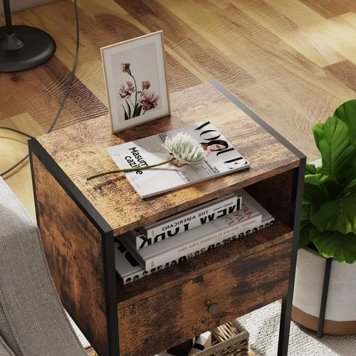 Miniatura 6 de LDTTCUK Mesita de noche con estación de carga, moderna mesa auxiliar con cajón, mesita de noche con almacenamiento abierto para dormitorio, marrón
