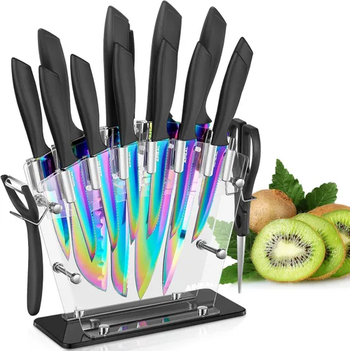 Aiheal Juego de cuchillos, 16 piezas de acero inoxidable de alto carbono, juego de cuchillos de cocina de color arcoíris, hoja de revestimiento de