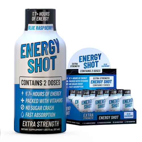 Blue Raspberry Extra Strength Energy Shot 12 unidades – 260 mg de cafeína natural B12 B6 – Apoyo de energía y enfoque – 2 porciones sin azúcar Té