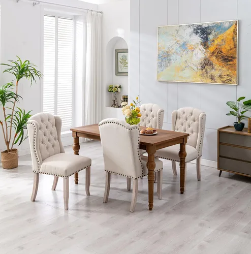 Miniatura 6 de DUOMAY Juego de 2 sillas de comedor modernas copetudas, sillas de comedor tapizadas de lino, sillas auxiliares sin brazos para cocina, comedor, Beige