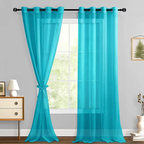 Miniatura 51 de Hiasan - Cortinas traslúcidas de gasa cortas semitransparentes con ojales y alzapaños filtrantes de luz para ventana, dormitorio, baño, 2 paneles