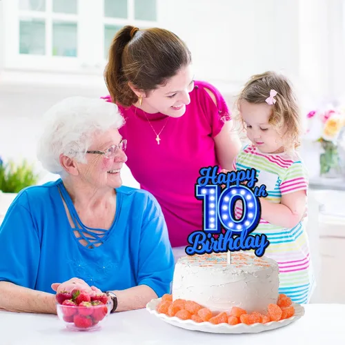 Miniatura 6 de Decoración de pastel de cumpleaños 10 con purpurina azul Let's Glow Crazy Party Theme Decor Supplies Men Women Happy Birthday 10 Anniversary Party