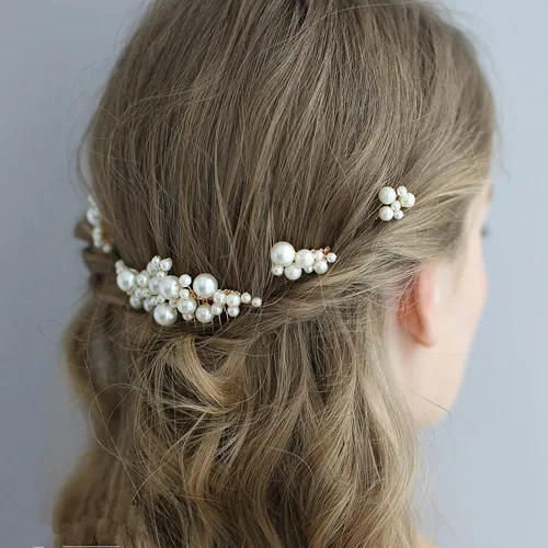 Miniatura 4 de inSowni Paquete de 26 peines laterales de boda con perlas de flores doradas+horquillas en forma de U, pasadores decorativos con diamantes