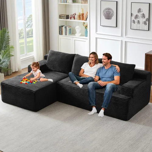 Miniatura 53 de Sofá seccional modular de 96", sofá en forma de L tipo nube sin estructura con chaise lounge, tapizado de pana con asiento profundo de espuma Negro