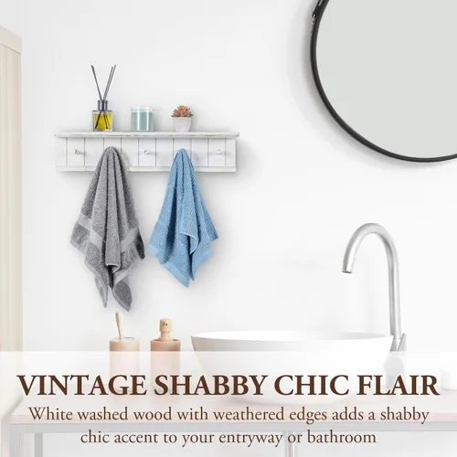 Miniatura 4 de MyGift Estante de baño flotante de madera blanca vintage de 5 ganchos montado en la pared y toallero